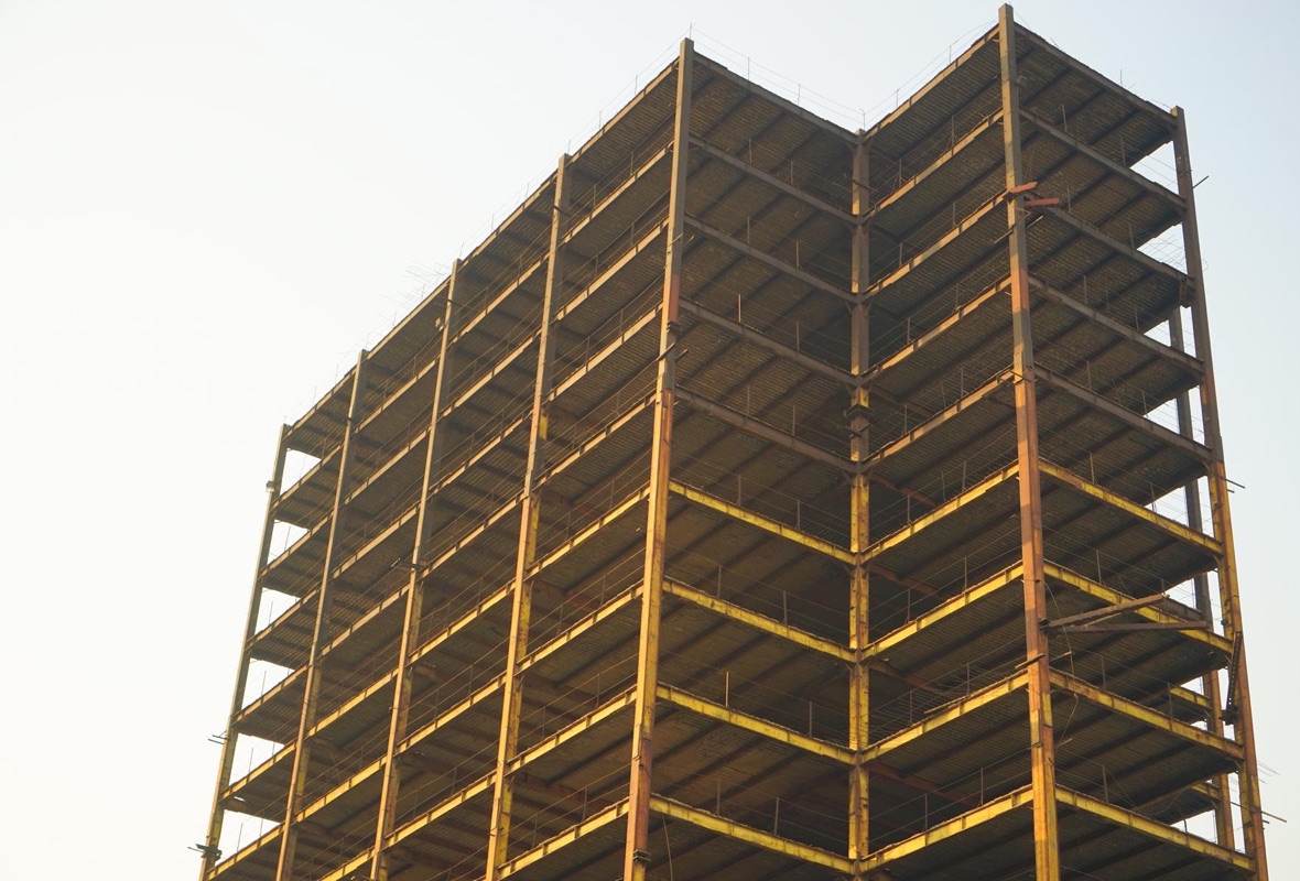 Steel frame structure under construction