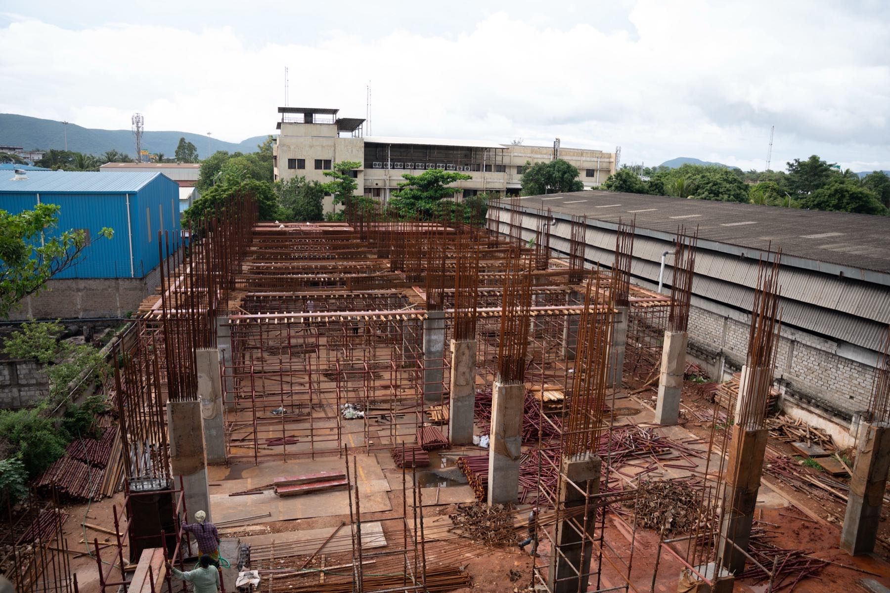 Reinforcement laid over slab formwork ahead of the pour