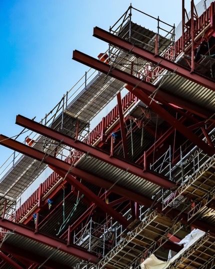 Structural steel columns on a construction site